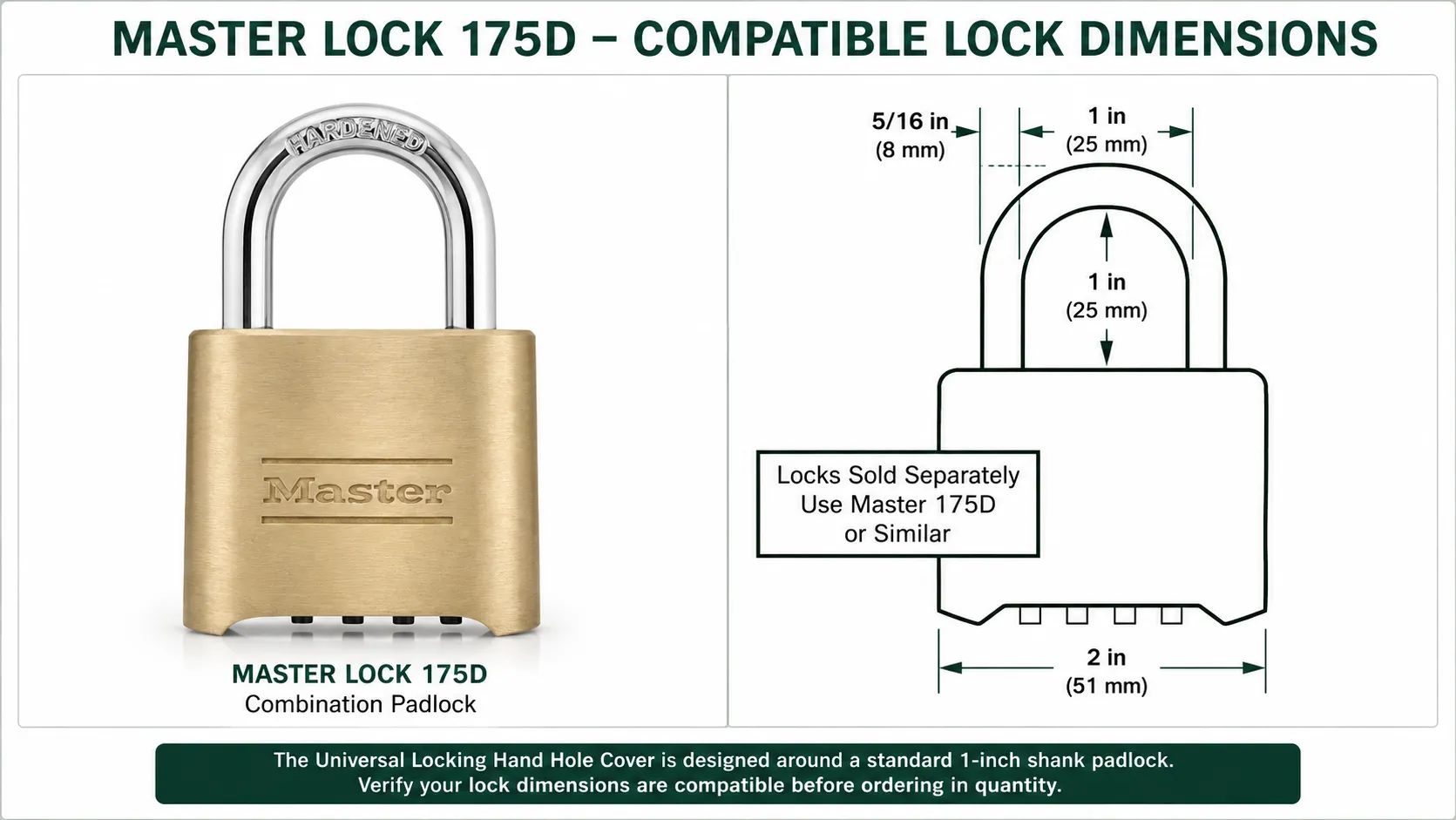 Master Lock 175D compatible lock dimensions for Universal Locking Hand Hole Cover