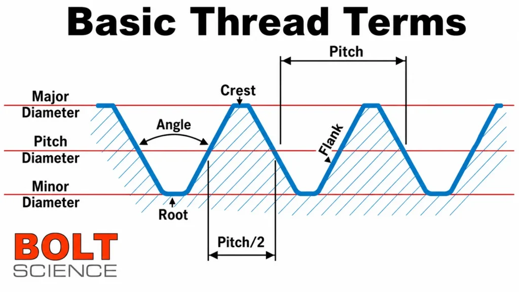 Diagram showing basic anchor bolt thread terms including major diameter, pitch diameter, minor diameter, crest, root, flank, angle, and pitch