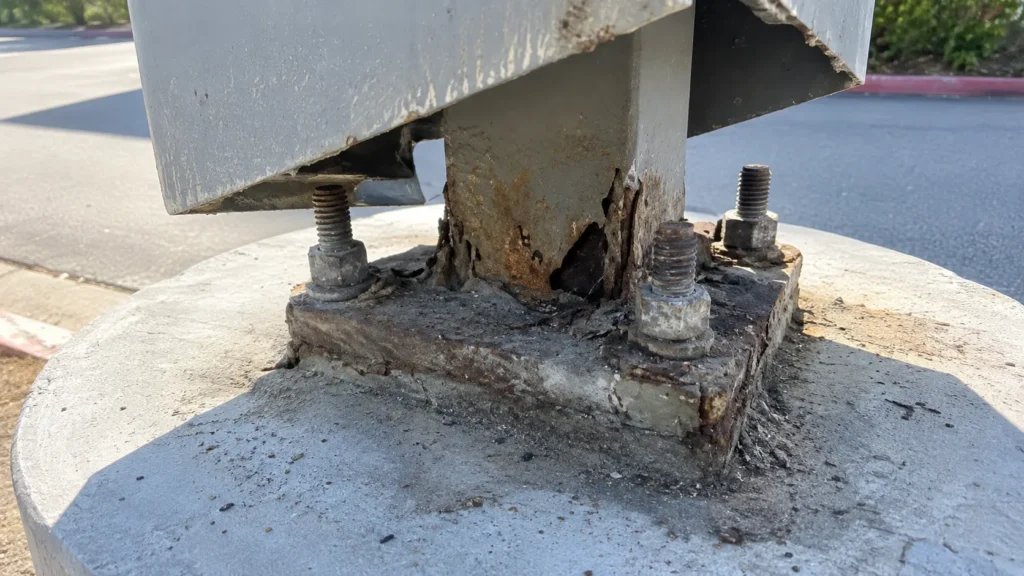 Corroded light pole base showing deterioration around the base plate and anchor bolts
