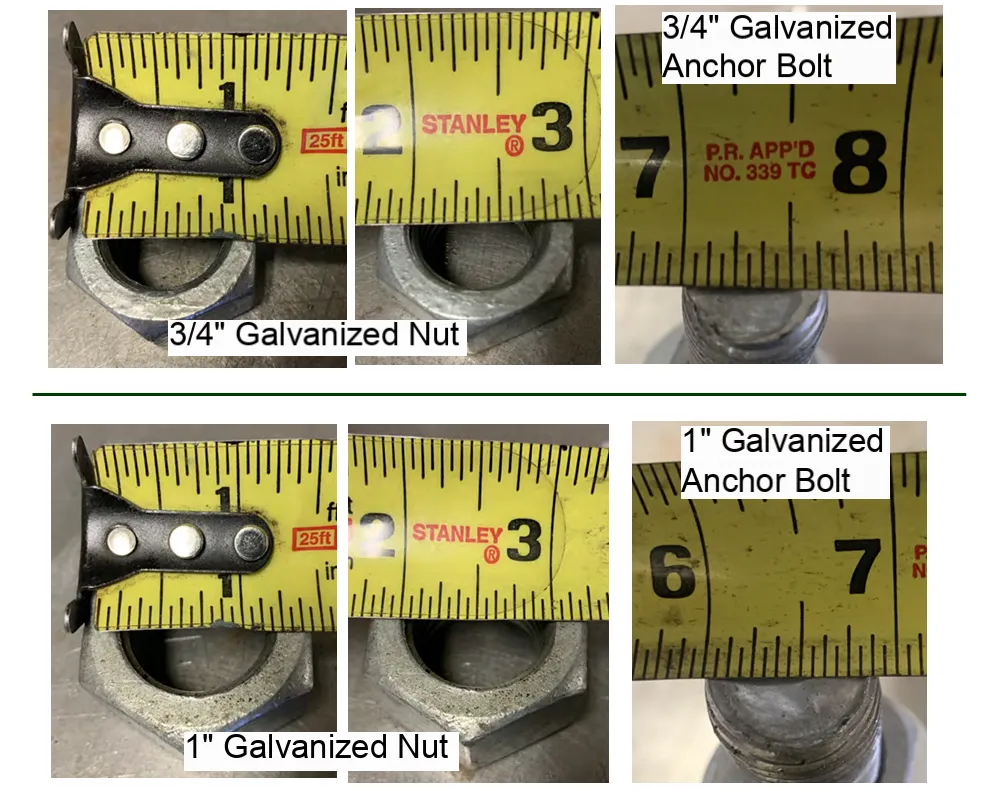 3/4-inch and 1-inch galvanized light pole anchor bolts and nuts measured with a tape measure