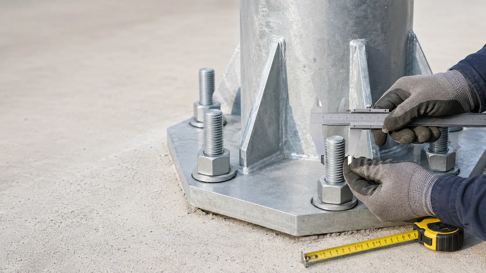 Worker measuring light pole anchor bolt size with a caliper at a galvanized pole base