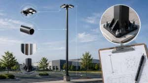 Commercial light pole with fixture, pole finish, anchor bolt base, and specification details