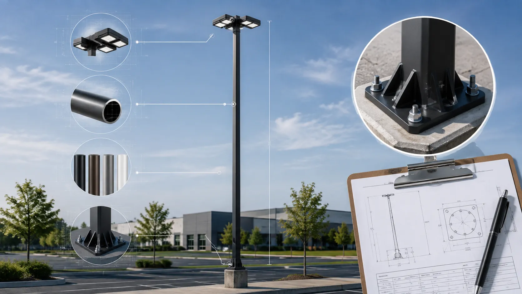 Commercial light pole with fixture, pole finish, anchor bolt base, and specification details