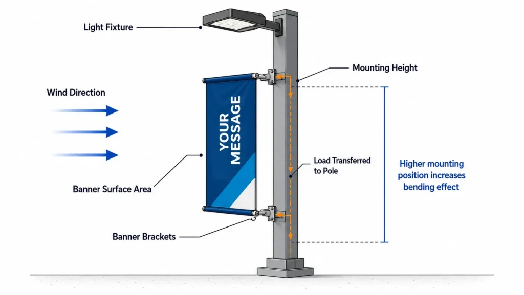 Diagram showing wind load on a light pole banner, mounting height, brackets, and load transferred to the pole
