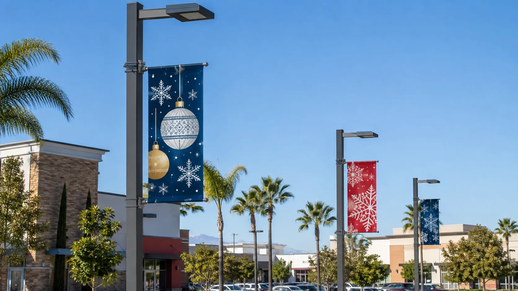 Holiday banners mounted on commercial light poles showing banner wind load considerations