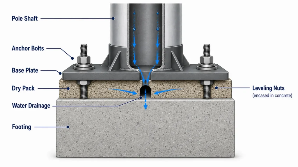 Cutaway diagram showing light pole base plate, dry pack, anchor bolts, leveling nuts, footing, and water drainage path