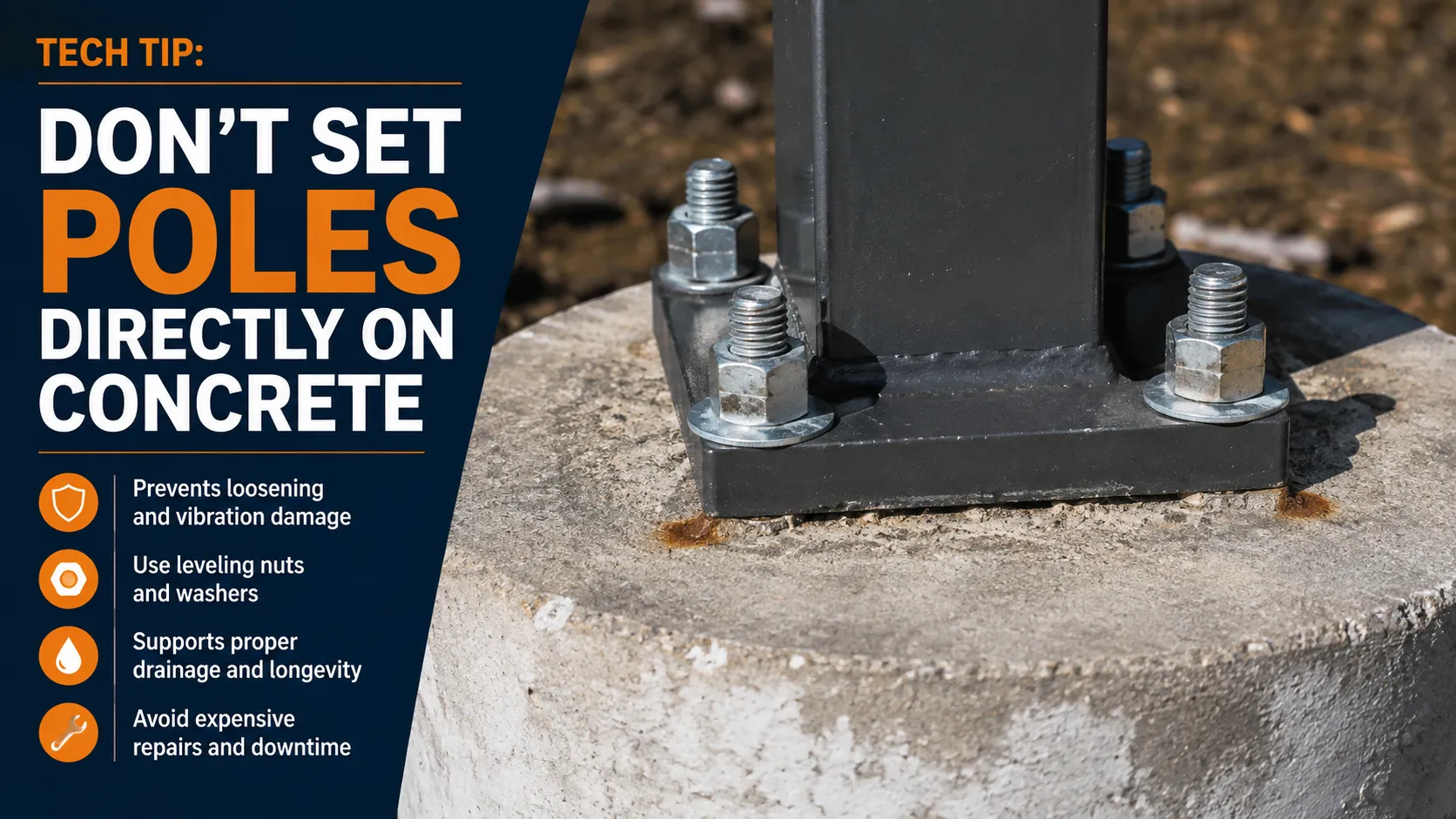 Light pole base plate mounted on concrete with anchor bolts, nuts, and washers