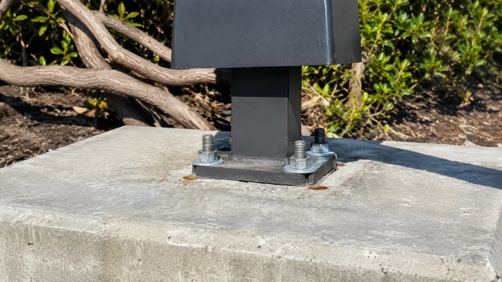 Light pole base plate installed with leveling nuts and washers above a concrete footing