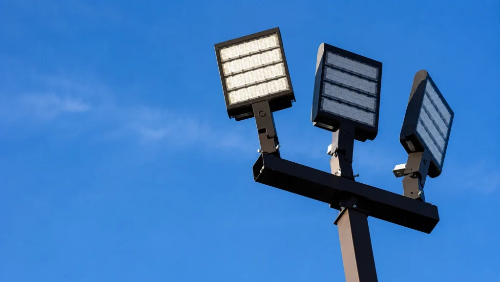Three LED light fixtures mounted on a light pole bullhorn crossarm