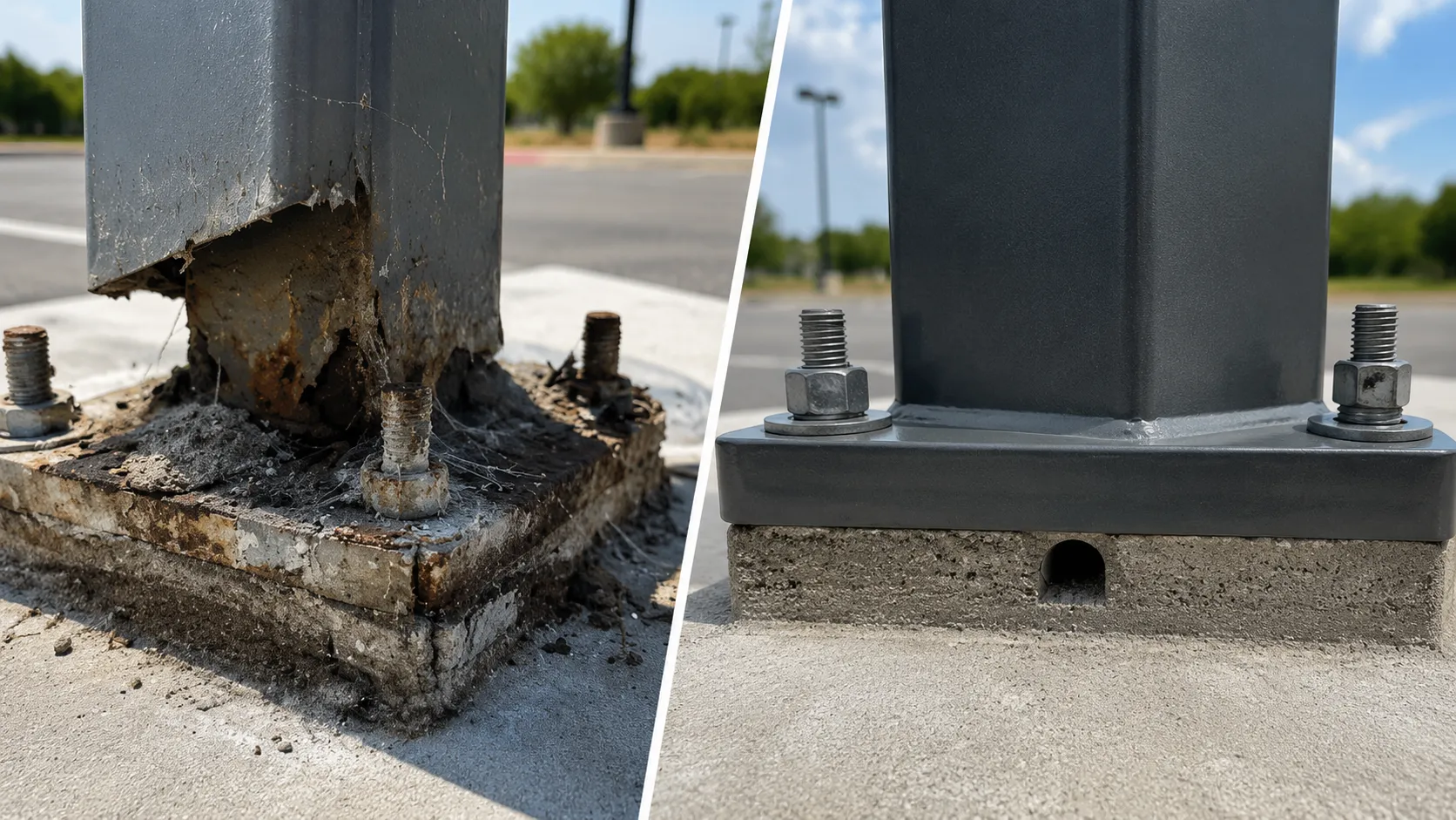 Comparison of a corroded light pole base and a properly drained light pole base