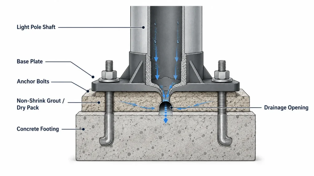 Diagram showing a light pole base, anchor bolts, non-shrink grout, concrete footing, and drainage opening