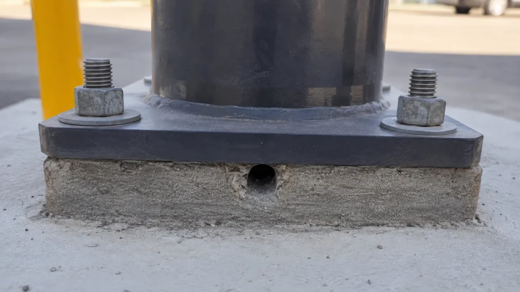 Light pole base with drainage opening beneath the base plate to allow water to escape