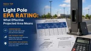 Light pole EPA rating chart showing effective projected area, fixture EPA, and wind zone load calculations