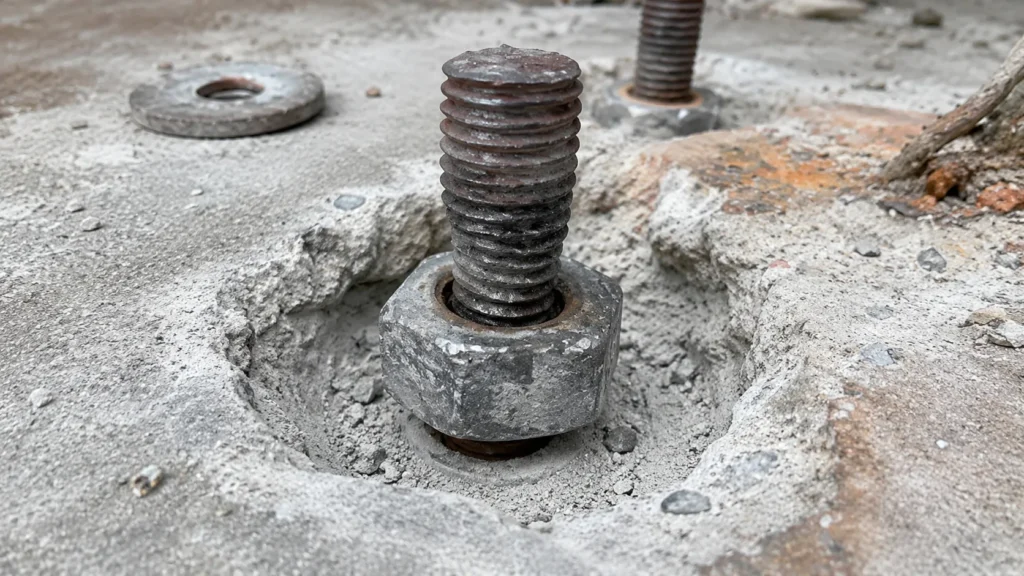 Exposed light pole leveling nut and washer around an anchor bolt