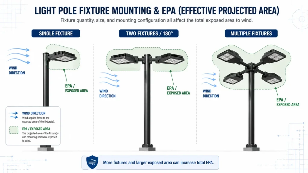 Diagram showing single, double, and multiple light pole fixture configurations and how mounting affects EPA