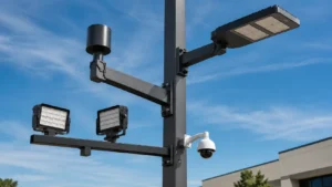 Light pole fixture mounting options with LED lights, bullhorn mounts and security camera