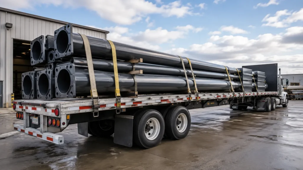 Commercial light poles secured on a flatbed truck for freight delivery