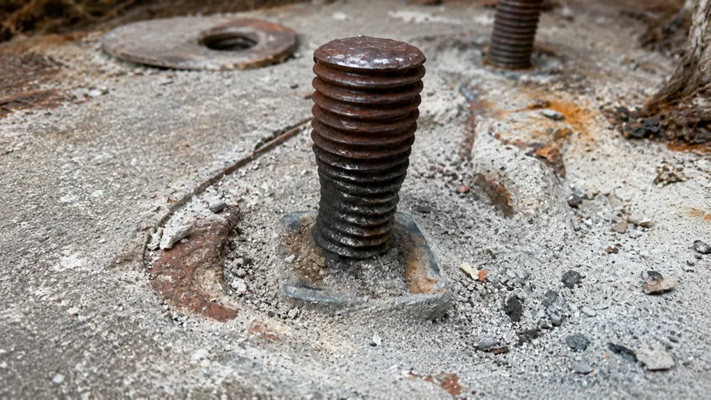 Light pole anchor bolt with leveling nut concealed beneath concrete and debris