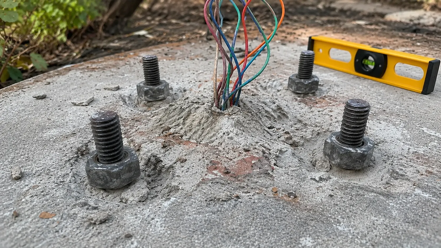 Exposed light pole leveling nuts and anchor bolts on a concrete foundation