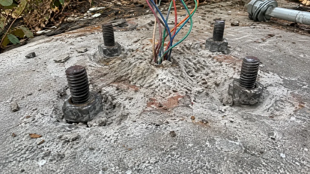Spirit level placed across light pole leveling nuts on exposed anchor bolts