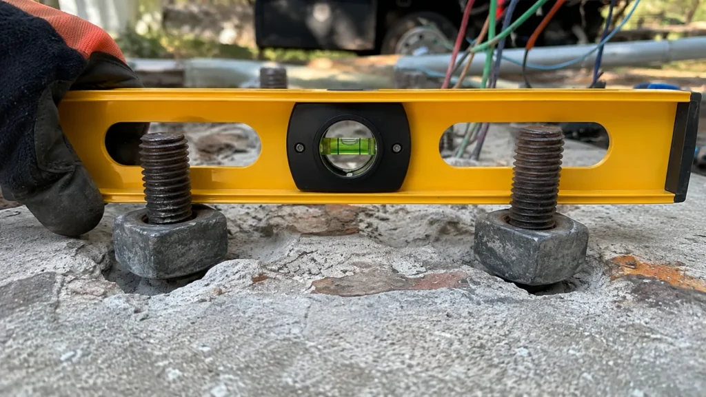 Yellow spirit level checking light pole leveling nuts on anchor bolts