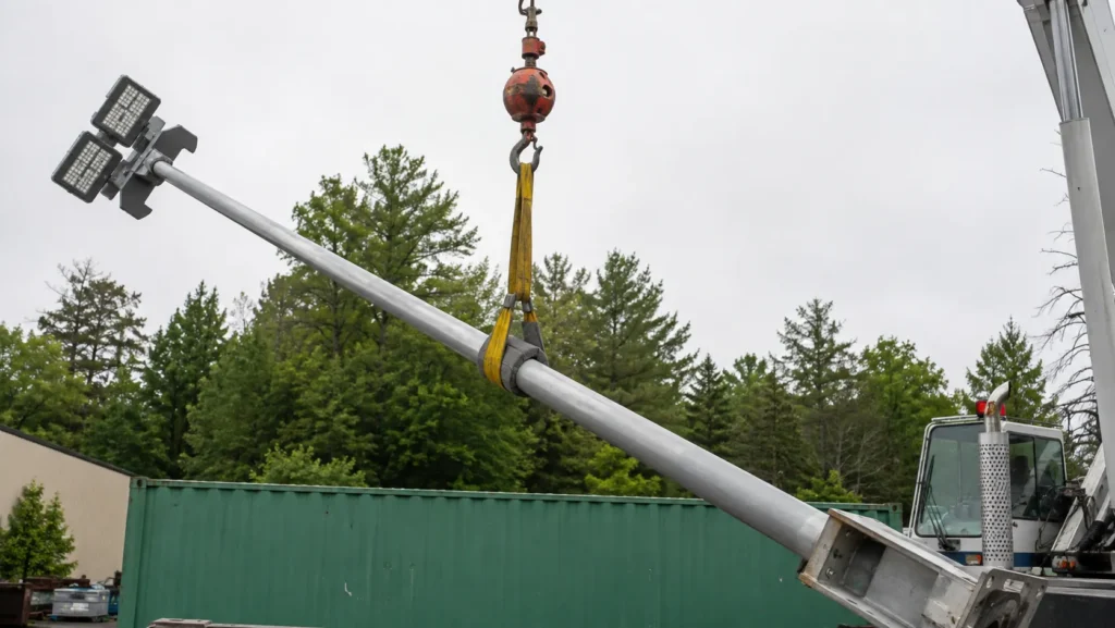 Light pole being lifted with a padded rigging sling and crane during pole replacement