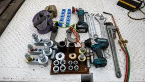 Light pole replacement tools including wrenches, impact driver, levels, lifting straps, sockets, and anchor bolt hardware