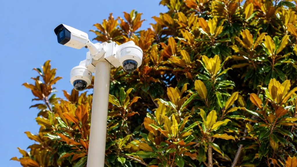 Security cameras mounted to the top of a light pole