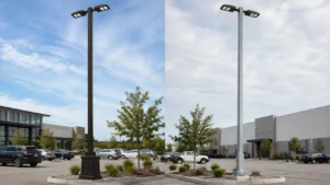 Powder coated and galvanized light poles compared in a commercial parking lot