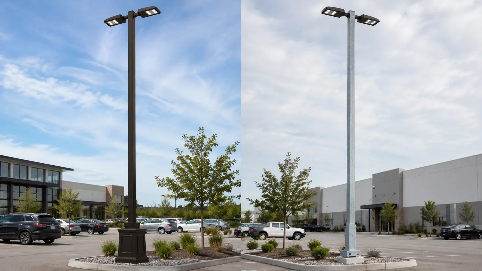 Powder coated and galvanized light poles compared in a commercial parking lot