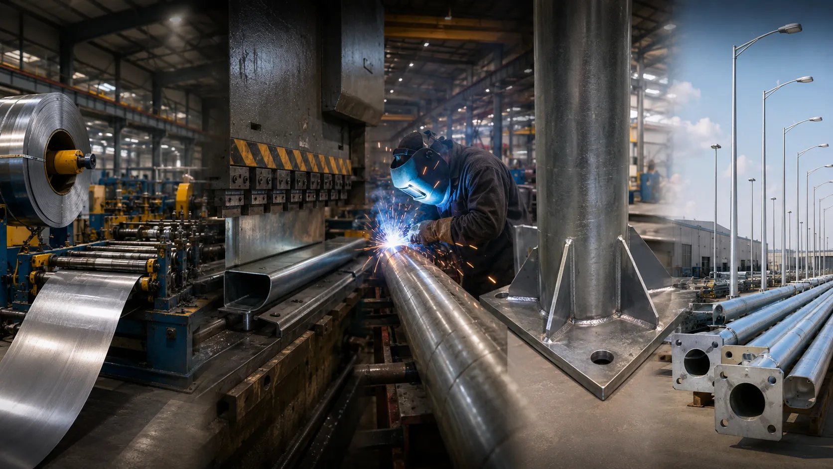 Steel light pole manufacturing process with forming, welding and finished poles