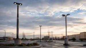 Different types of light poles in a commercial parking lot