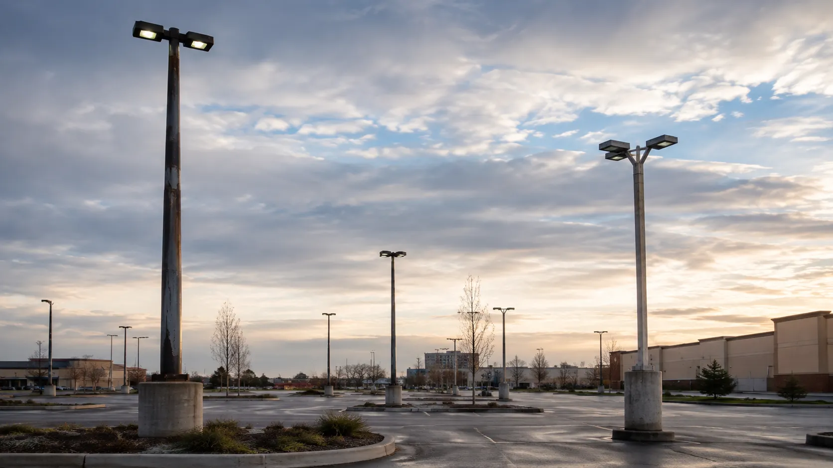 Different types of light poles in a commercial parking lot