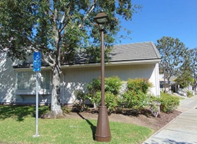 Brown decorative light pole installed in a landscaped property